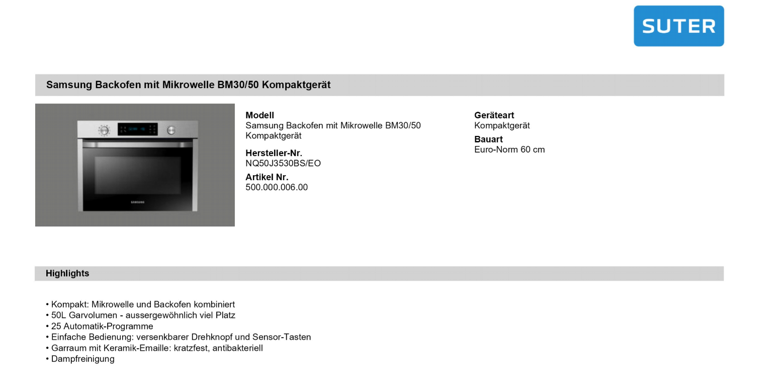 Samsung Backofen mit Mikrowelle BM30/50 Kompaktgerät