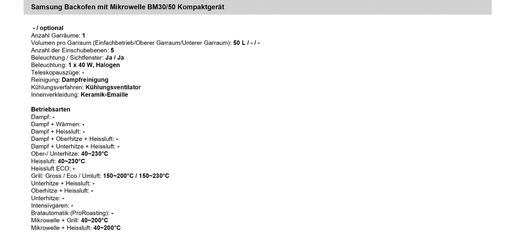 Samsung Backofen mit Mikrowelle BM30/50 Kompaktgerät