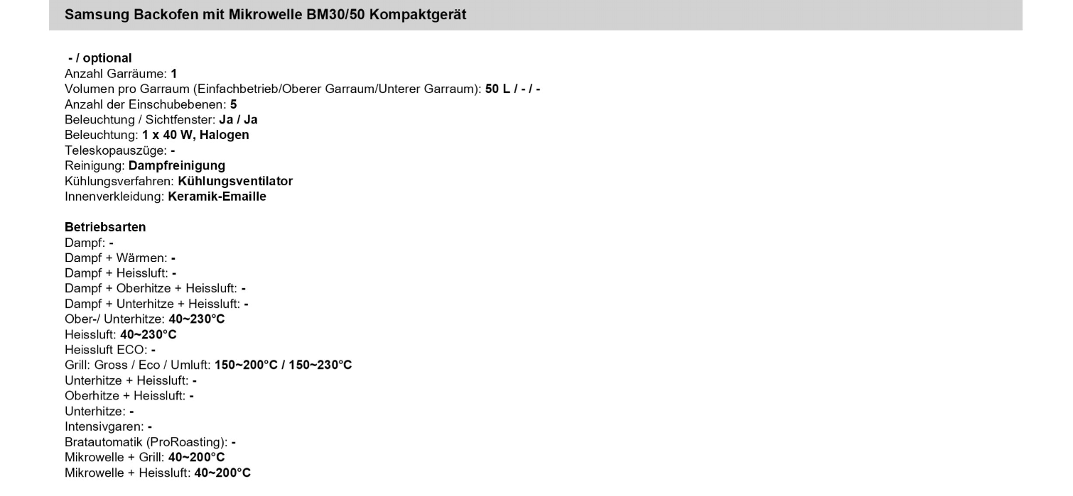 Samsung Backofen mit Mikrowelle BM30/50 Kompaktgerät