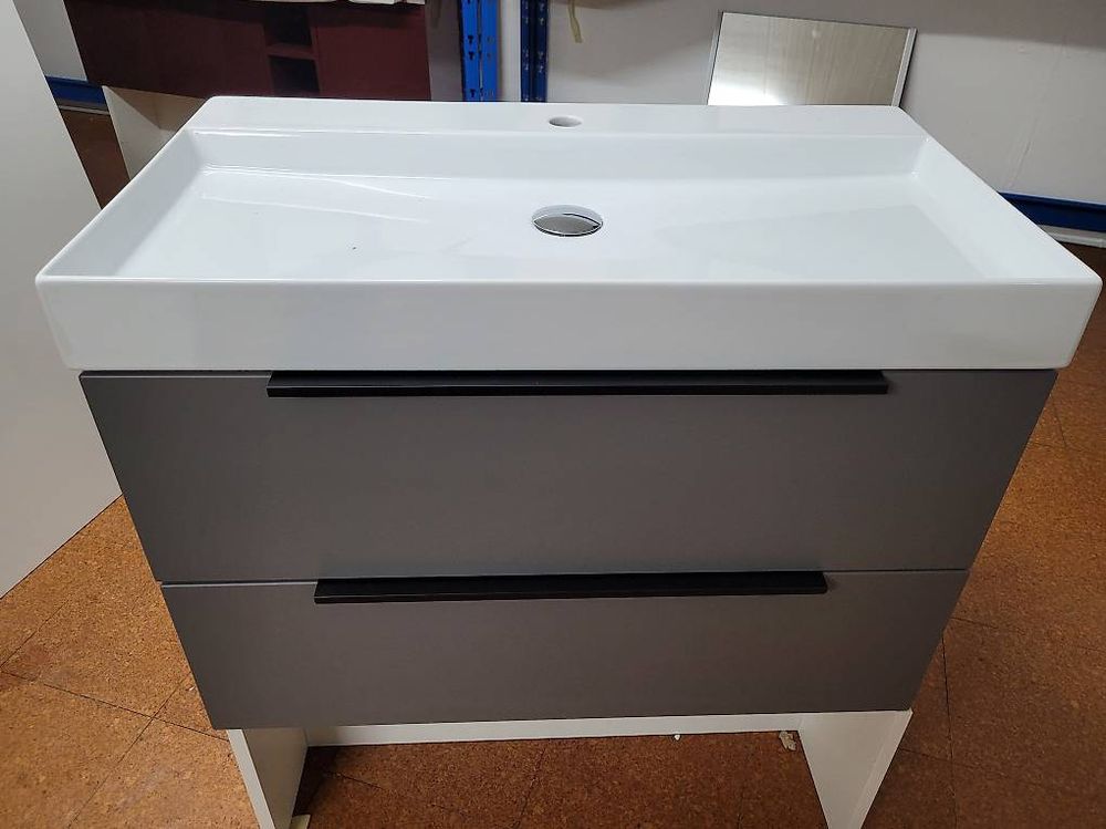 Badmöbel 80 CM Grau Matt mit Keramikwaschtisch Weiss