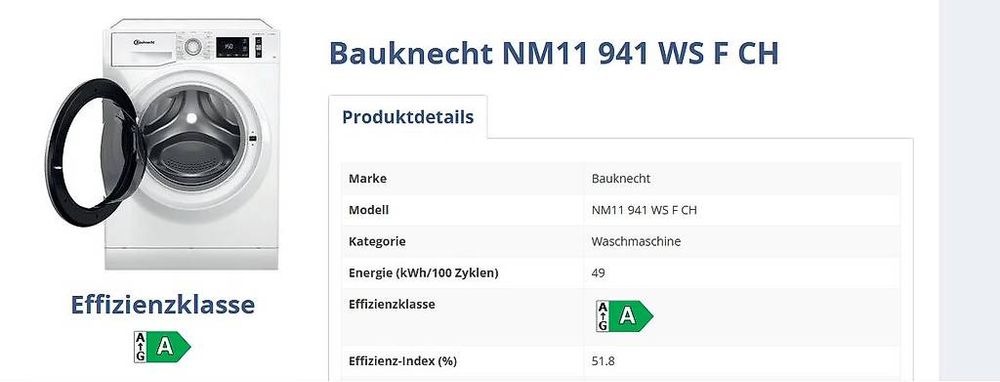 Bauknecht Waschmaschine NM11 941 WS F CH 9 kg Energylabel: A