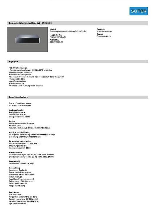 Samsung Wärmeschublade WS10/20/30/50
